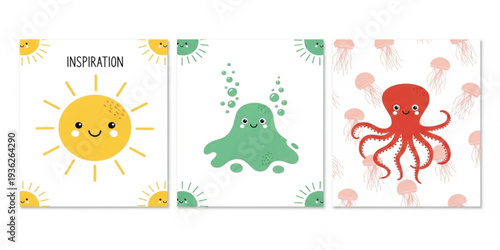 Cute Kawaii Sun, Jelly, and Octopus Cartoon Character Set with Smiling Faces for Kids Posters, Nursery Prints, Stickers, and Children Design