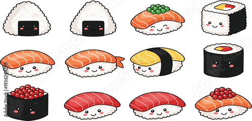 Cute Kawaii Sushi Cartoon Characters Vector Set with Salmon, Tuna, Nigiri and Maki Japanese Food Illustration Collection