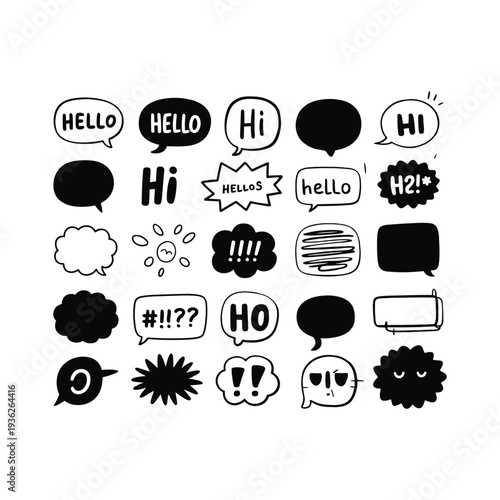 Black and white comic speech bubbles with hello and hi text vector illustration isolated on white background