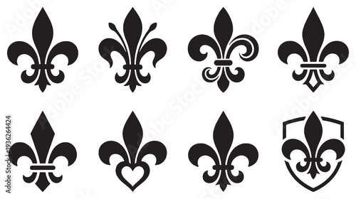 Collection of eight stylized black fleur-de-lis symbols on a white background, representing heraldry and design elements.