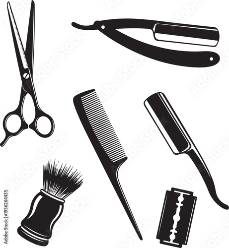Barbershop symbols. Barber tools graphic icon set. Scissors, straight razor, comb, shaving brush, blade, barber pole. Signs isolated on white background. Vector illustration