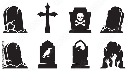 Set of Halloween tombstone icons and symbols, including a cross, skull and crossbones, raven, and zombie hands reaching out of the ground.