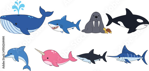 Cute Ocean Animal Cartoon Collection with Whale Shark Walrus Dolphin Orca Narwhal and Swordfish for Kids Marine Education and Sea Life Illustrations