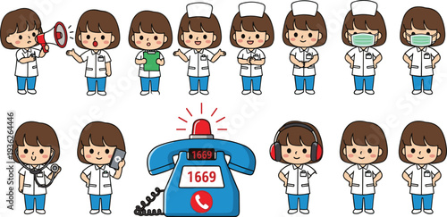 Cute Nurse Character Set with Medical Staff Poses Emergency Hotline and Healthcare Cartoon Illustrations for Hospital Services and Vector Design Collection