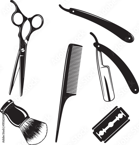 Barbershop symbols. Barber tools graphic icon set. Scissors, straight razor, comb, shaving brush, blade, barber pole. Signs isolated on white background. Vector illustration