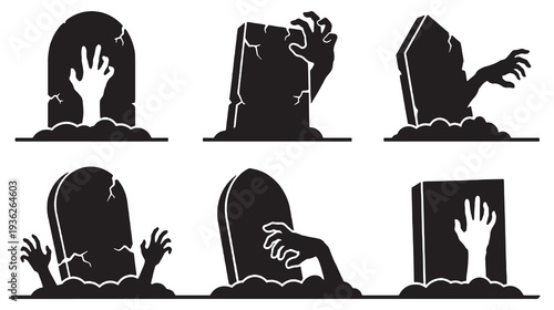 Set of six black silhouettes of tombstones with zombie hands emerging from the ground, representing Halloween.