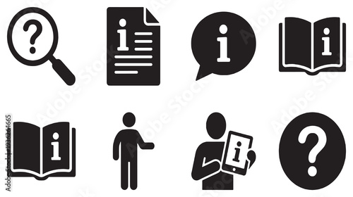 Collection of information and help icons, including question marks, magnifying glass, and open books with information symbols.
