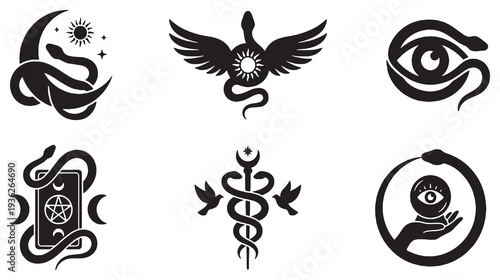 Collection of Esoteric and Mystical Symbols Featuring Snakes, Celestial Bodies, and Divination Tools.