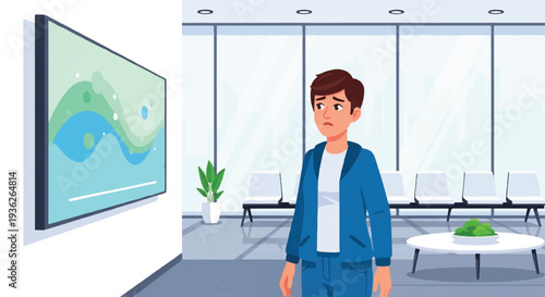 Worried young man looking at an abstract data visualization on a large wall-mounted screen in a modern, minimalist waiting room, reflecting confusion or sadness.