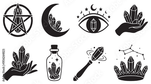 Collection of mystical and esoteric symbols including crystals, pentagram, moon, eye, and wand.