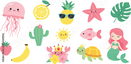 Cute Summer Cartoon Icon Set with Mermaid Jellyfish Pineapple Sun Turtle and Tropical Elements for Kids Stickers Nursery Prints and Vector Design