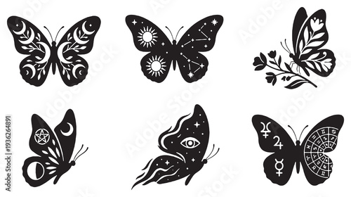 Collection of six black silhouette butterflies with celestial and mystical designs, isolated on a white background.
