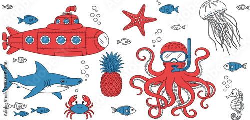 Cute Underwater Ocean Cartoon Set with Submarine Octopus Shark Jellyfish Fish and Sea Creatures for Kids Marine Vector Illustration
