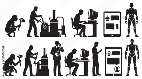 The evolution of human technology from primitive tools to artificial intelligence and robots.