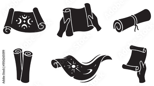 Collection of six black silhouette icons representing scrolls and rolled documents, some held by hands.