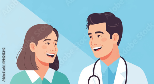 Smiling doctor and female patient having a friendly conversation, discussing health and well-being in a positive medical consultation setting.