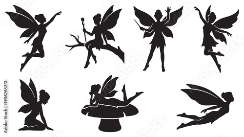 Collection of Black Silhouettes of Fairies in Various Poses, Isolated on White Background.