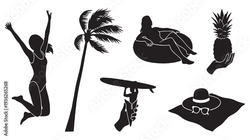 Collection of summer vacation silhouettes including a jumping woman, palm tree, person on an inflatable ring, pineapple, surfboard, and beach hat.