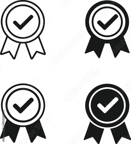 Four black and white checkmark ribbon icons set
