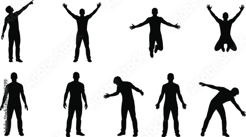 Human silhouettes, expressive gestures, body language, emotional poses, pointing, jumping, kneeling, leaning, standing, posture illustration, nonverbal communication, artistic design