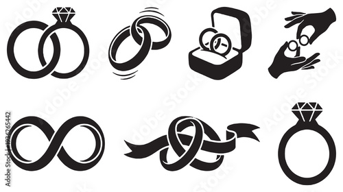 Collection of wedding ring icons and symbols representing love, marriage, and commitment.