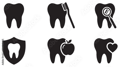 Set of six black and white icons representing dental health and care, including a tooth, toothbrush, dental mirror, shield, apple, and heart.