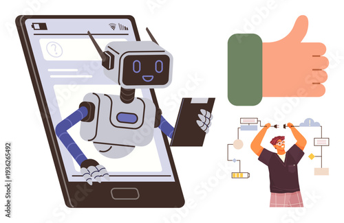 Artificial intelligence, automation, workflow optimization, decision-making processes, productivity, technology integration. Robot emerging from phone with clipboard, thumbs-up, man managing process