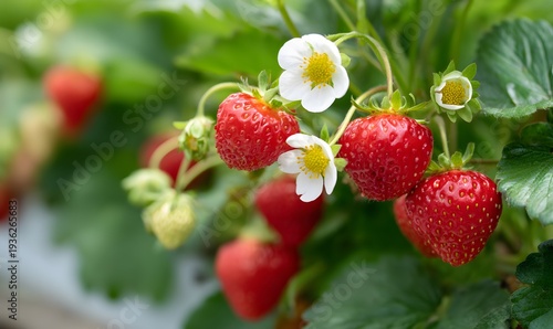 strawberry plants with lots of juicy red strawberries and white strawberry flowers