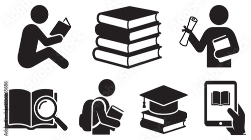 Collection of educational icons representing learning, reading, and graduation, including books, a diploma, and a tablet.