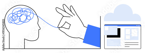 Mental clarity, cognitive support, digital therapy, data processing, cloud solutions, neural networks. Hand untangling a brain connecting to digital content. Mental clarity and digital therapy
