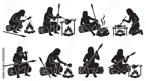Collection of eight silhouette illustrations depicting prehistoric humans engaged in various activities around a campfire, including cooking and eating.