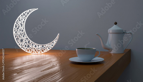 Arabic coffee, Ramadan. glowing crescent moon lamp illuminates wooden table with steaming cup of tea and white teapot