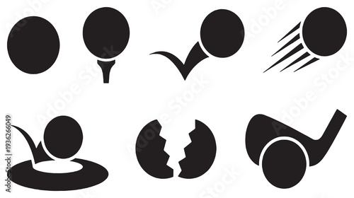 Collection of golf ball icons showing different actions and states, including a ball on a tee, in motion, breaking, and in a sand trap.