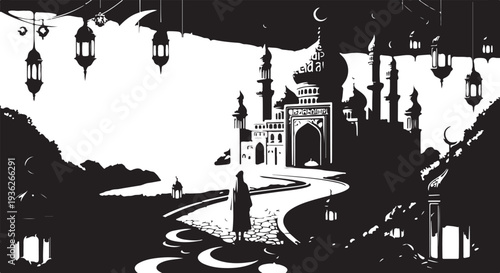 Vector illustration of a mosque with lanterns and a person walking on a path