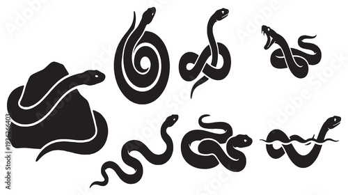 Collection of stylized black snake illustrations in various poses and actions, isolated on a white background.