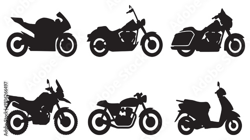 Collection of six different motorcycle silhouettes, including sport, cruiser, touring, adventure, and scooter styles.