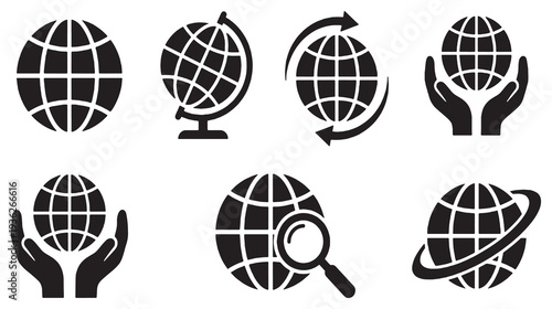 Collection of globe icons representing global concepts like travel, business, and environmental awareness.