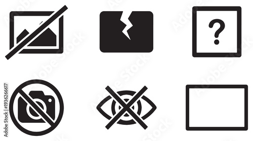 Set of six icons representing image errors, broken items, questions, no photography, no vision, and a blank frame.