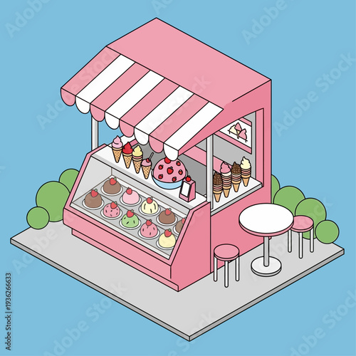 Isometric illustration of a pink ice cream shop with striped awning and colorful desserts.