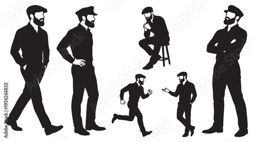 Collection of silhouette illustrations of a man with a beard and flat cap in various poses, including walking, standing, sitting, and running.