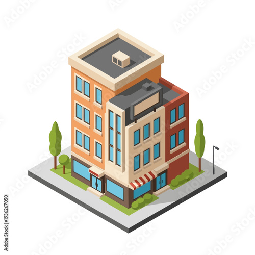 Isometric illustration of a modern office building with a rooftop unit and street-level storefront.