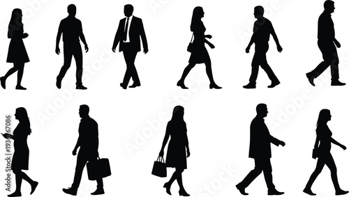 Walking human silhouettes diverse attire, professional and casual figures, carrying bags, vector illustration, urban lifestyle design, expressive posture graphics, dynamic people motion