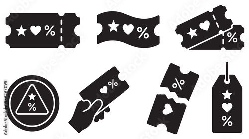 Collection of black and white icons representing discount coupons, tickets, and tags with stars, hearts, and percentage symbols.