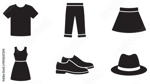 Collection of simple black silhouette icons representing various clothing items and accessories for men and women.
