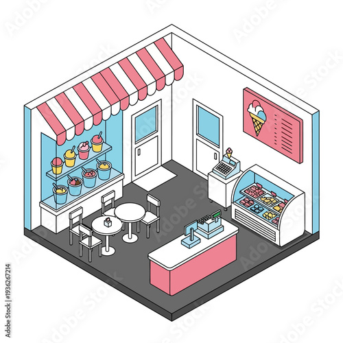 Isometric illustration of an ice cream shop with colorful desserts and modern decor.