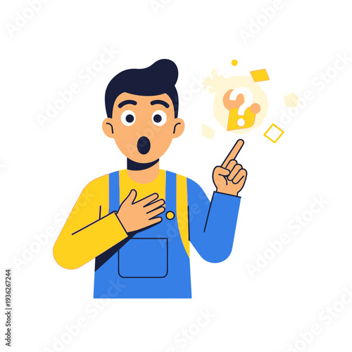 Surprised Mechanic Points to Question Mark Tool Icon, Illustration