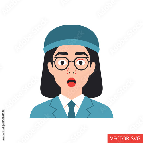 Surprised Woman with Glasses and Blue Hat, Shocked Expression, Avatar Style Illustration