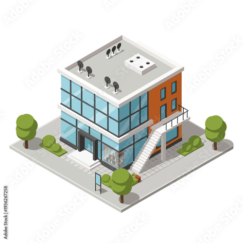 Isometric illustration of a modern office building with glass facade and orange accent wall.