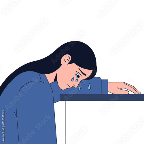 Woman crying, resting head on table, feeling sad and lonely