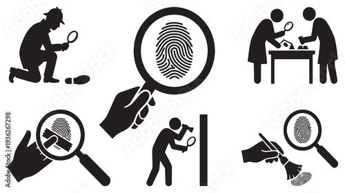 Set of icons depicting forensic investigation and crime scene analysis with fingerprints and magnifying glasses.
